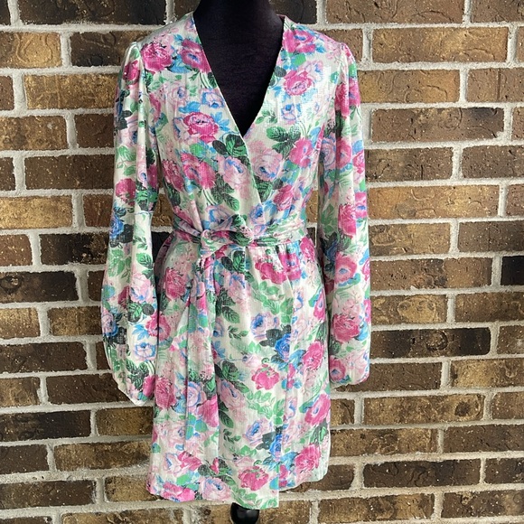 WAYF Loretta White Sequin Floral Print Long Sleeve Wrap Dress - Picture 6 of 11